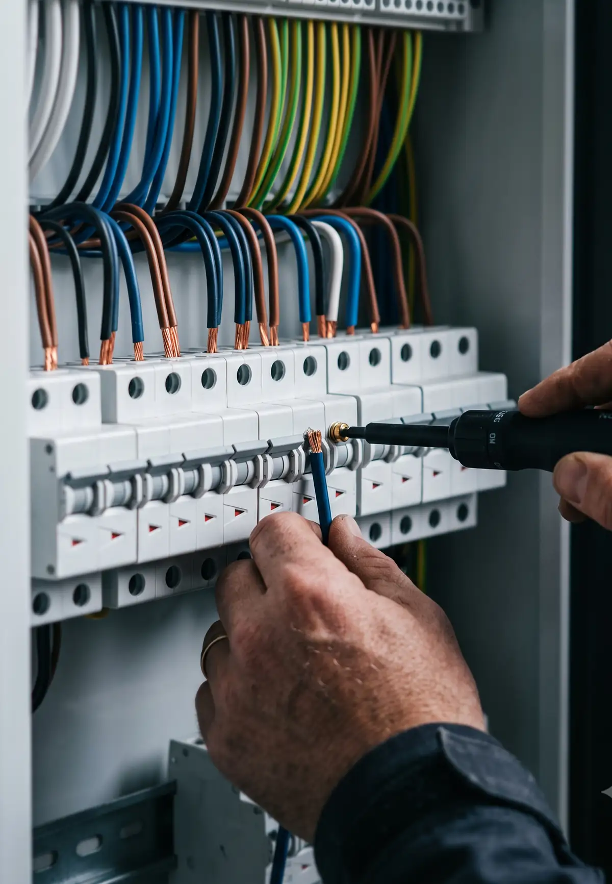 A new residential switchboard mid-fitout, conductors dressed and labelled