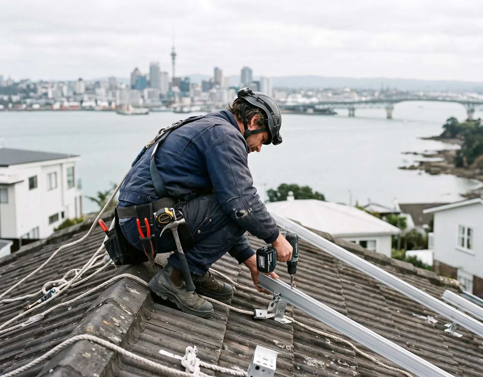 An electrician setting rail for a rooftop solar array above the harbour