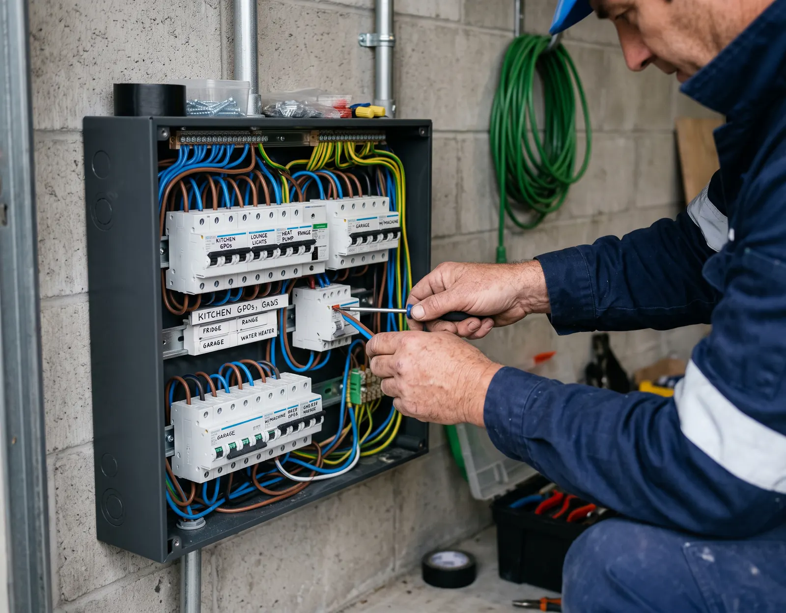 An electrician terminating conductors in a new labelled switchboard