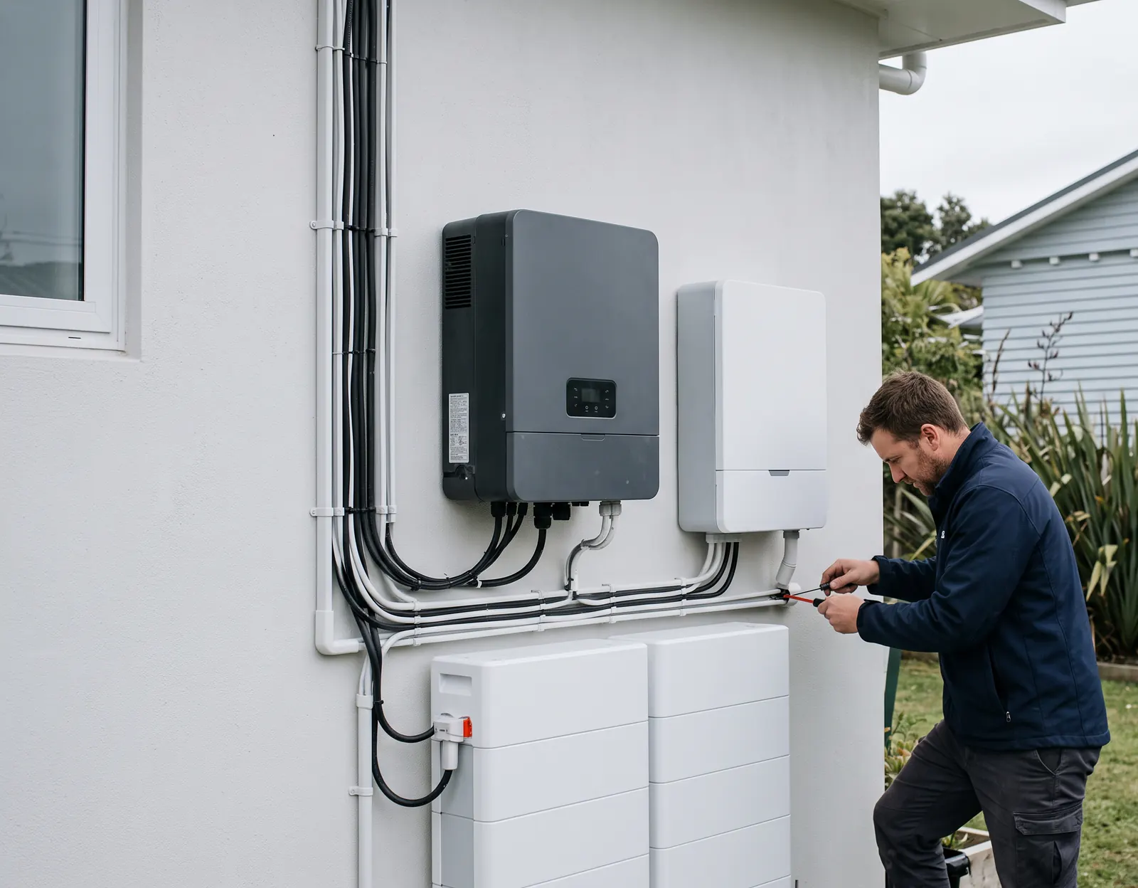 A hybrid inverter and battery mounted on an exterior wall