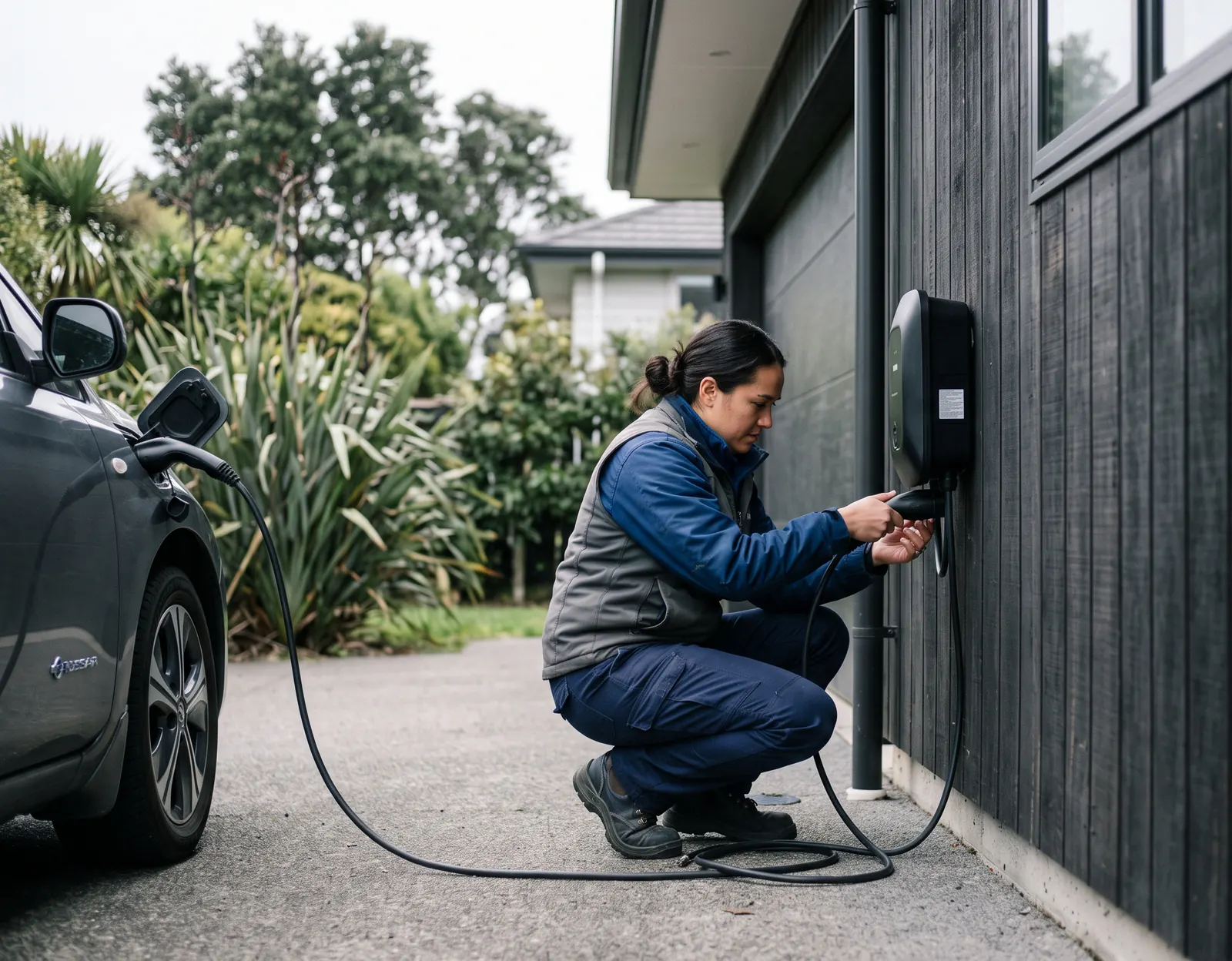 An electrician commissioning an EV charger on a dark-timber house